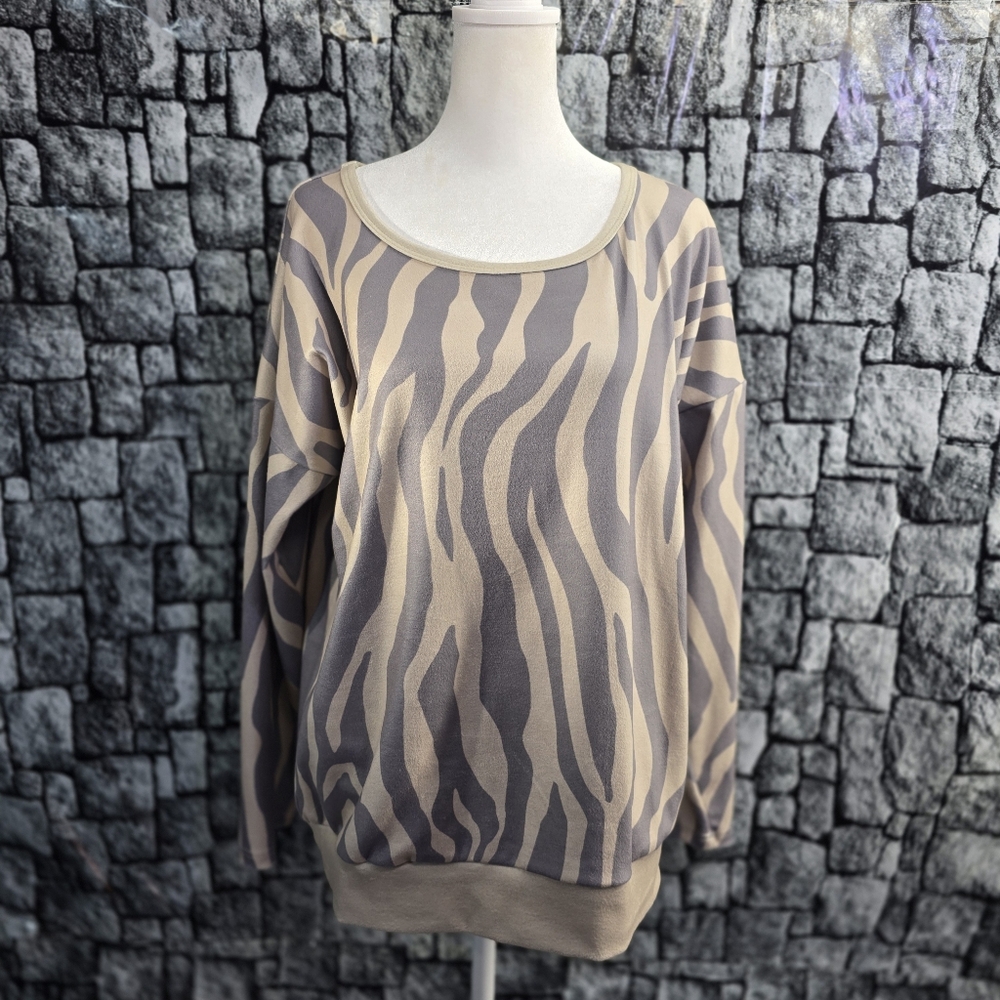 Crazy Train Beige and Brown Zebra Print Sweater. Size Large